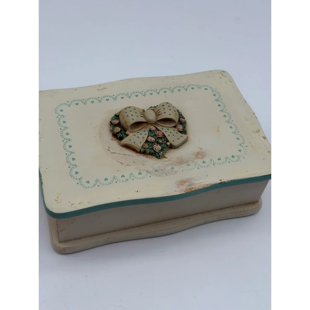 Vintage Shabby Chic Wooden Jewelry Box Cream Teal Floral Bow Heart Detail Taiwan